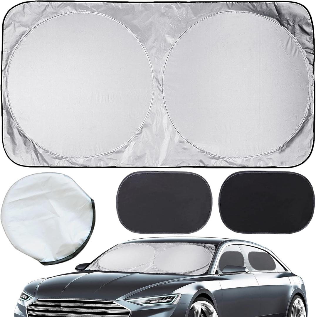 CARTMAN Windshield Sun Shade 63" x 34", Baby Sun Shade for Car Window Side 20"x12", Durable 210T Material Car Sun Visor for UV Rays, Storage Pouch Included