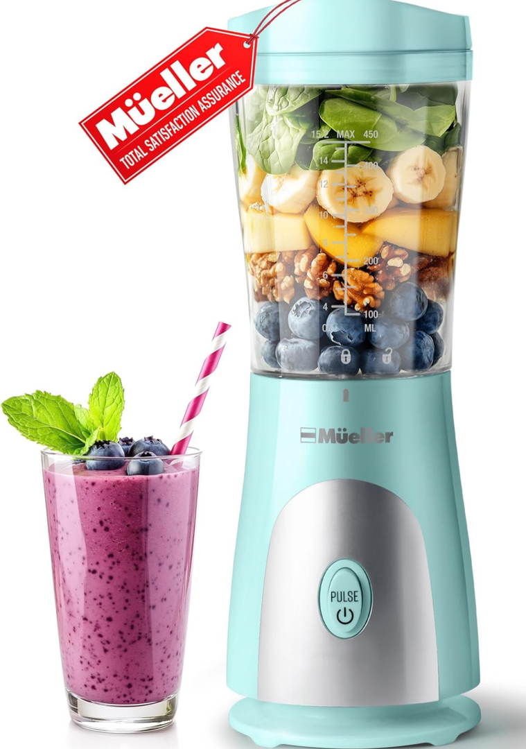 Mueller Smoothie Blender for Smoothies - Personal Blender for Shakes, Frozen Drinks, Baby Food & More, 15oz Travel Cup and Lid, Durable Stainless Steel Blades for Powerful Blending Performance