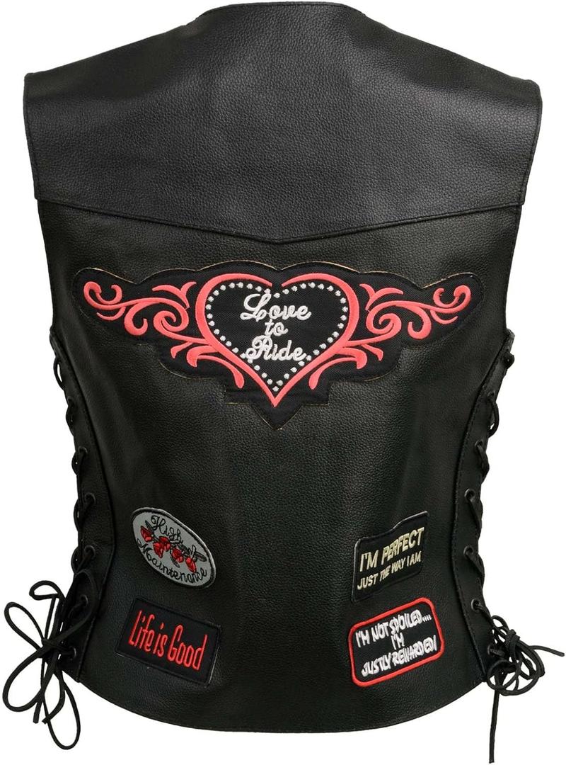ELL4900 Womens 'Love to Ride' Black Leather Motorcycle Patched Embroidered Vests with Side Laces (Medium)