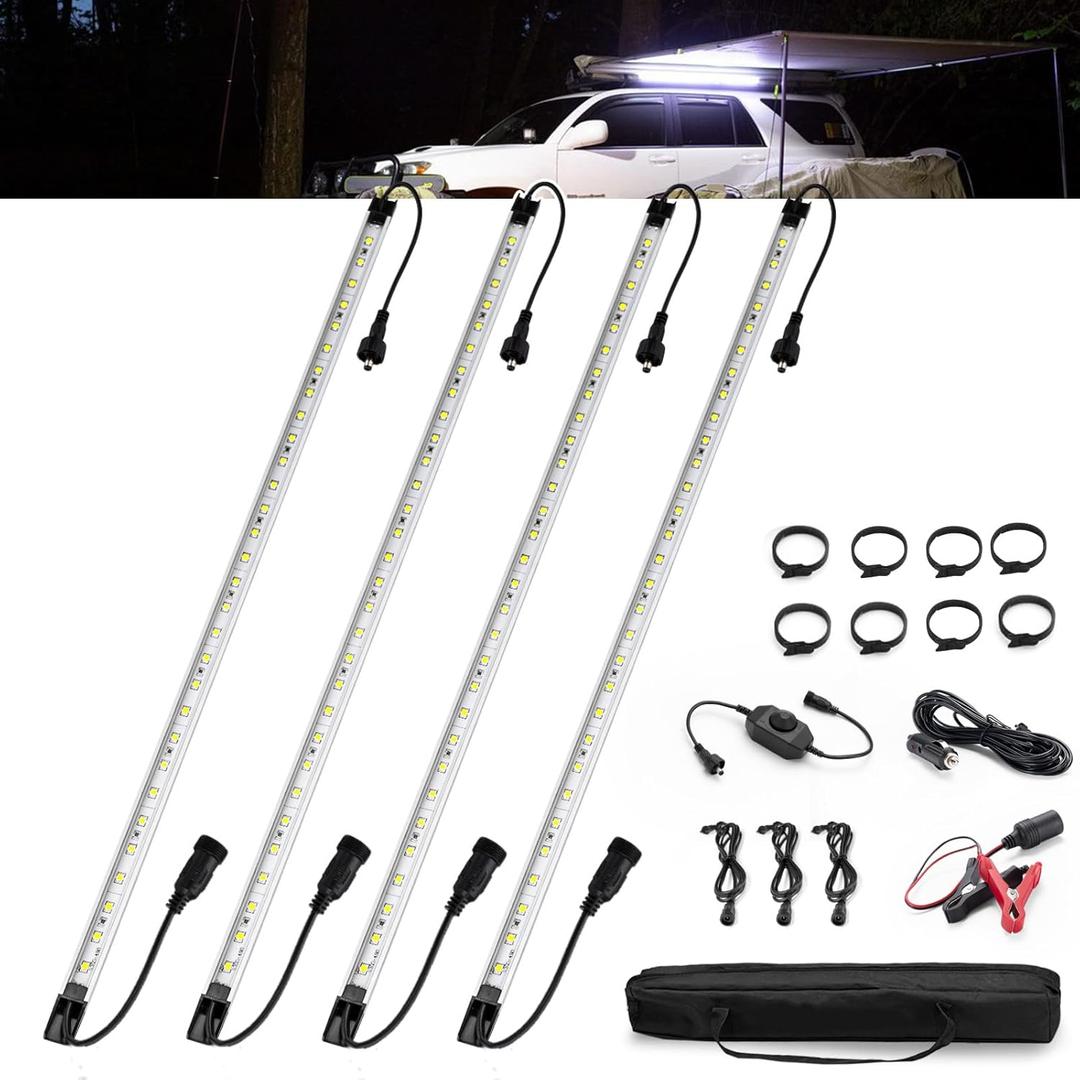 FIERYRED 12V Interior Light Bar Kit, Dimmable Camping Lights, Weatherproof IP67, Aluminum Magnetic Mount with Dimmer Switch, Portable Lights for Camping Tent Awning RV Car Trailer Boat (4 Pcs, White)