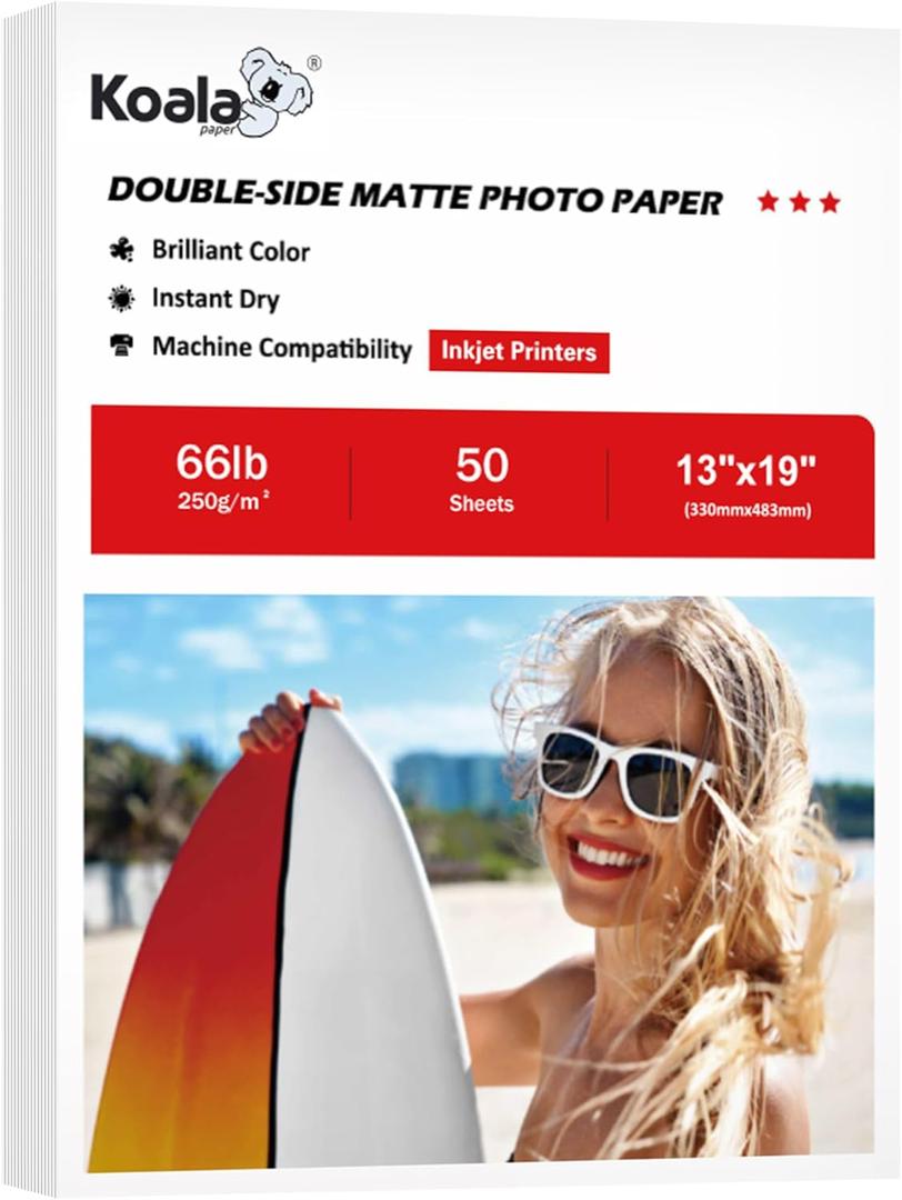 Koala Double Sided Matte Thick Photo Paper 13x19 Inches Heavyweight 50 Sheets 250gsm Compatible with Inkjet Printer and Dye Ink