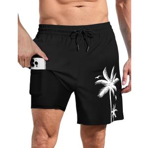 Lzzidou Men Swim Trunks with Compresssion Liner 7 Inch Inseam Board Shorts Bathing Suit with Zipper Pockets (Small, Black)