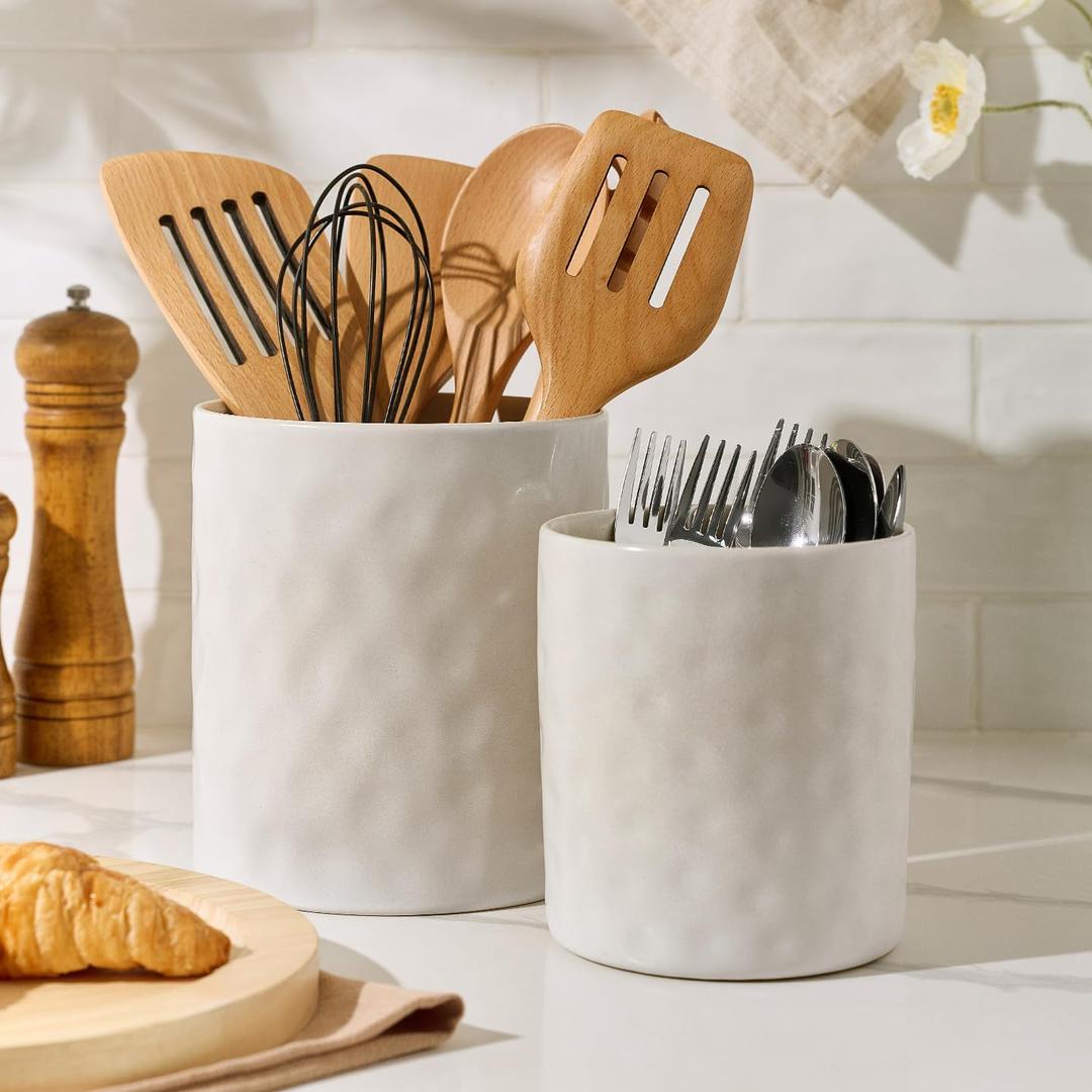famiware Ocean Utensil Holder, 7.2"+5.8" Ceramic Kitchen Utensil Holder for Countertop, Cooking Utensil Crocks, Utensil Organizer for Spatula & Spoon, Kitchen Decor, Set of 2, Matte White