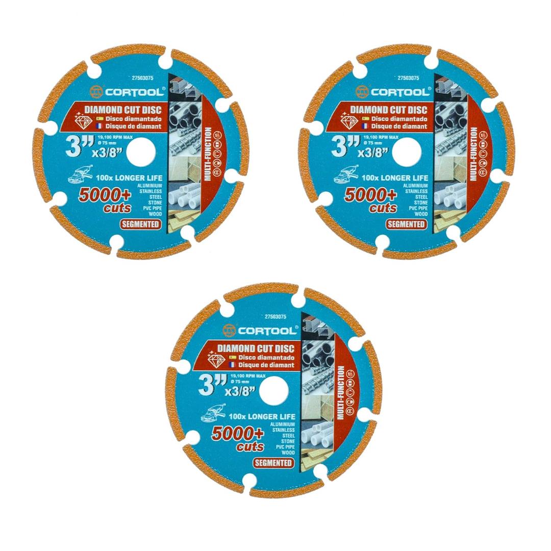 Diamond Cutting Wheel 3 x 3/8 Inch for Metal, Cut Off Wheel with 5000+ Cuts on Rebar, Steel, Iron and INOX 3" Diamond Cutting Discs (Segmented Edge) - 3 Pack