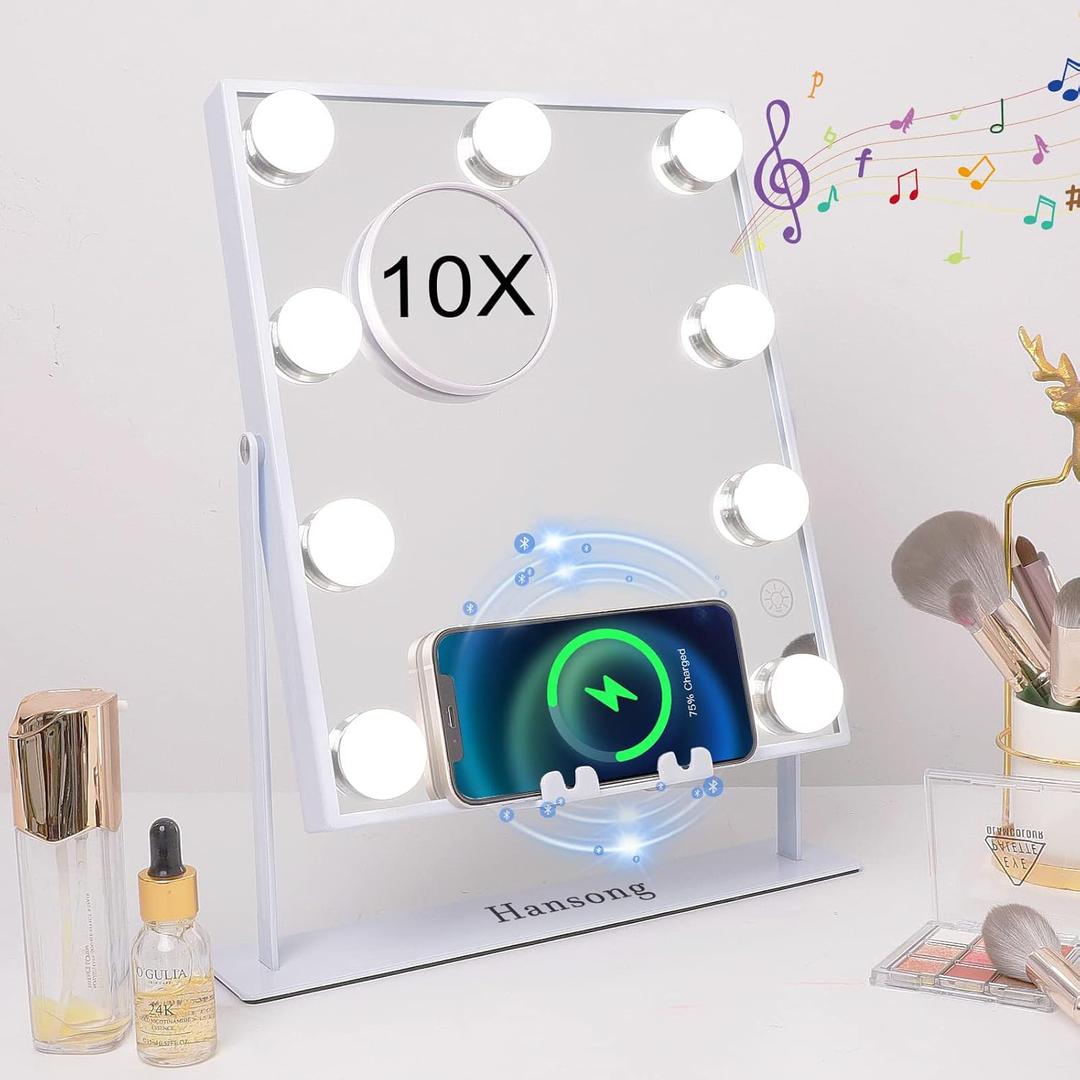 Hansong Lighted Vanity Mirror with Bluetooth Speaker and Wireless Charging Makeup Mirror with Lights 9 Dimmable Bulbs Lighted Makeup Mirror 3 Color Lighting Tabletop (White) (12"L x 10"W)