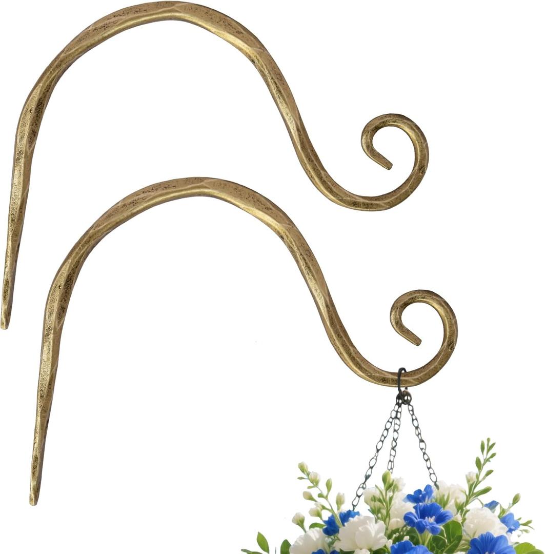 BEGINS Plant Hangers Outdoor Wrought Iron Metal Hanger Hook 2 Pack 8 inch Wall Bracket Hooks for Flower Pots, Wind Chimes, Solar Lanterns, Garden Decor, Gold