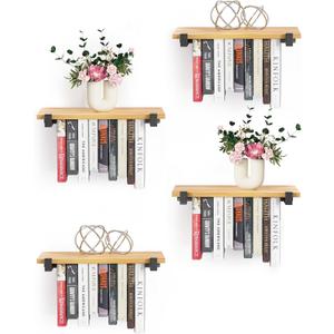 4 Set of Floating Bookshelf, Pine Wood Invisible Bookshelf, Hanging Bookshelves for Wall, Unique Space Saving Wall Bookcase (16.5L8.7W1.5H)