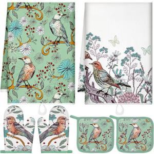 Leinuosen 6 Bird Flower Kitchen Towels Kitchen Decor and Accessories Set Floral Plant Oven Mitts and Pot Holders Sets Farmhouse Absorbent Dish Towels for Cooking Baking Grilling (Green, White)