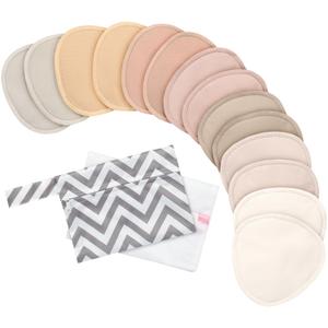 Organic Nursing Pads - 14 Washable Breast Pads for Breastfeeding, Wash Bag, Reusable Nipple Covers for Breastfeeding Essentials, Soft & Absorbent (Neutrals, L 4.8")