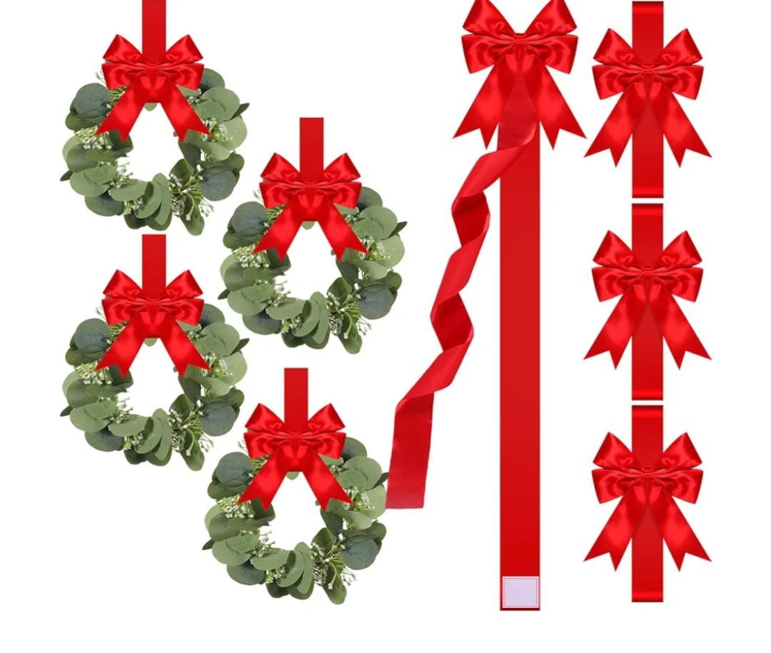 Riceshoot 8 Pcs Christmas Kitchen Decor Include 4 Pcs 78.7 Inch Large Christmas Cabinet Door Ribbons Bows 4 Mini 9.8 Inch Cabinet Wreath for Kitchen Window Door Xmas Supplies