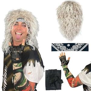 Watt's Wigs 80s Rock Star Costume Men – Blond Wig with Headband, Tattoo Sleeve & Glove – 80's Rocker Outfit for Men, Blonde Rockstar Wig, 1980s Costumes for Adults, Halloween Cosplay
