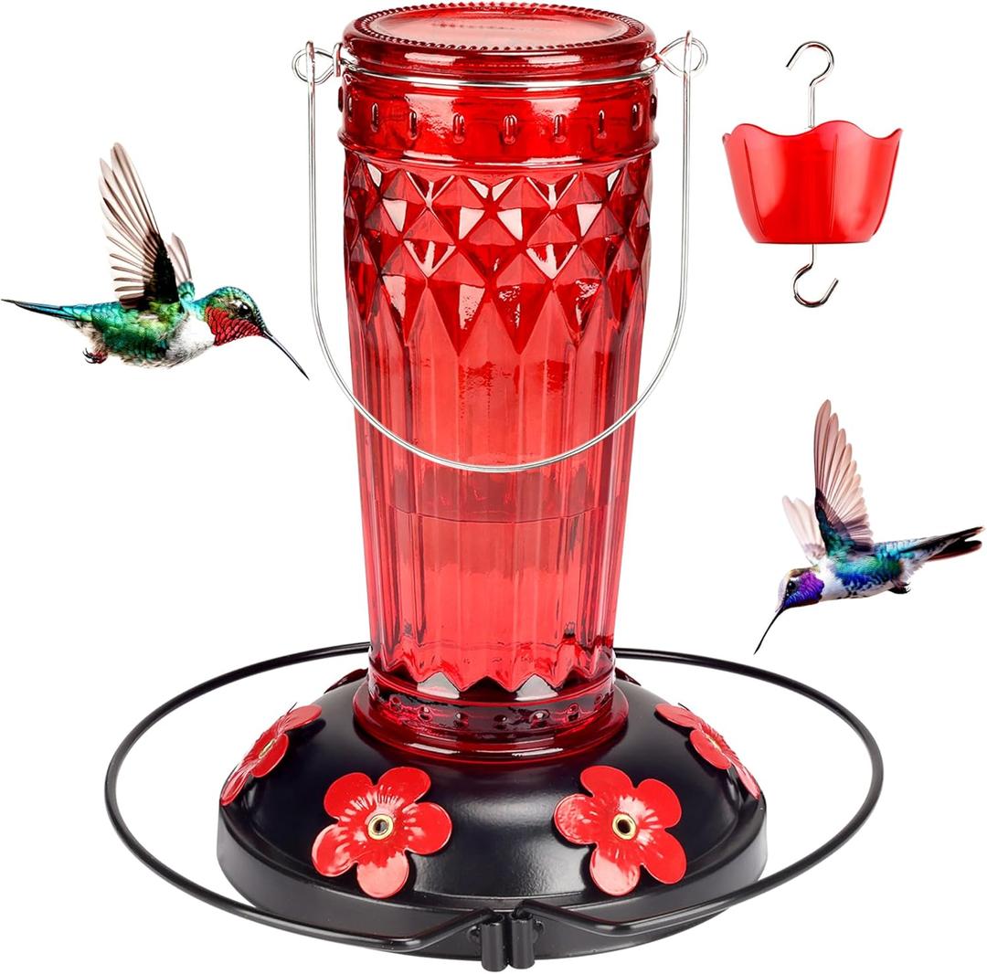 Hummingbird Feeder-16 Ounces6 Feeding Ports Glass Hummingbird feeders for Outdoors,Wide Mouth for Easy Filling/CleaningHanging for Garden Backyard Decor, Includes Ant Moat (Red)