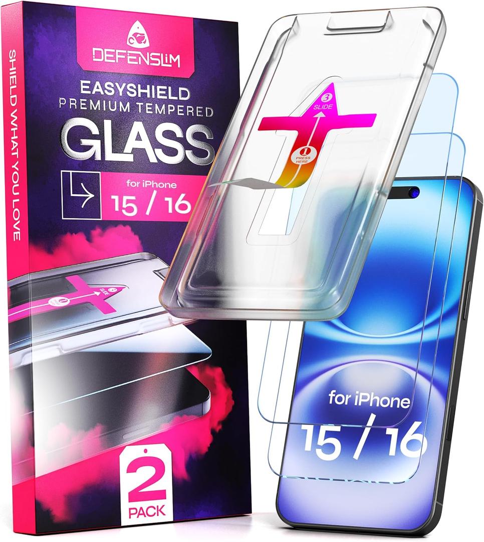 Defenslim Screen Protector for iPhone 15/16 (2Pack), Easy Auto-Align Install Kit, 6.1" Tempered Glass, 9H Hardness, Ultra HD Clear, Case Friendly, EasyShield