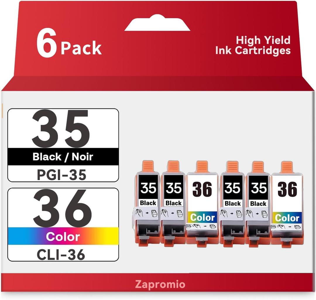 6-Pack PGI-35 CLI-36 Ink Cartridges Compatible for Canon 35 36 Ink Cartridges Combo Pack for PIXMA TR150 IP110 TR152 TR160 mini260 mini320 Printer(4xBlack, 2xTri-Color)