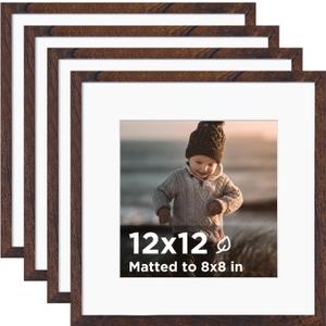 KINLINK 12x12 Picture Frame Brown Set of 4, Wooden Square Photo Frames Matted 8x8 with Plexiglass for 8x8 with Mat or 12x12 without Mat for Table and Wall Display