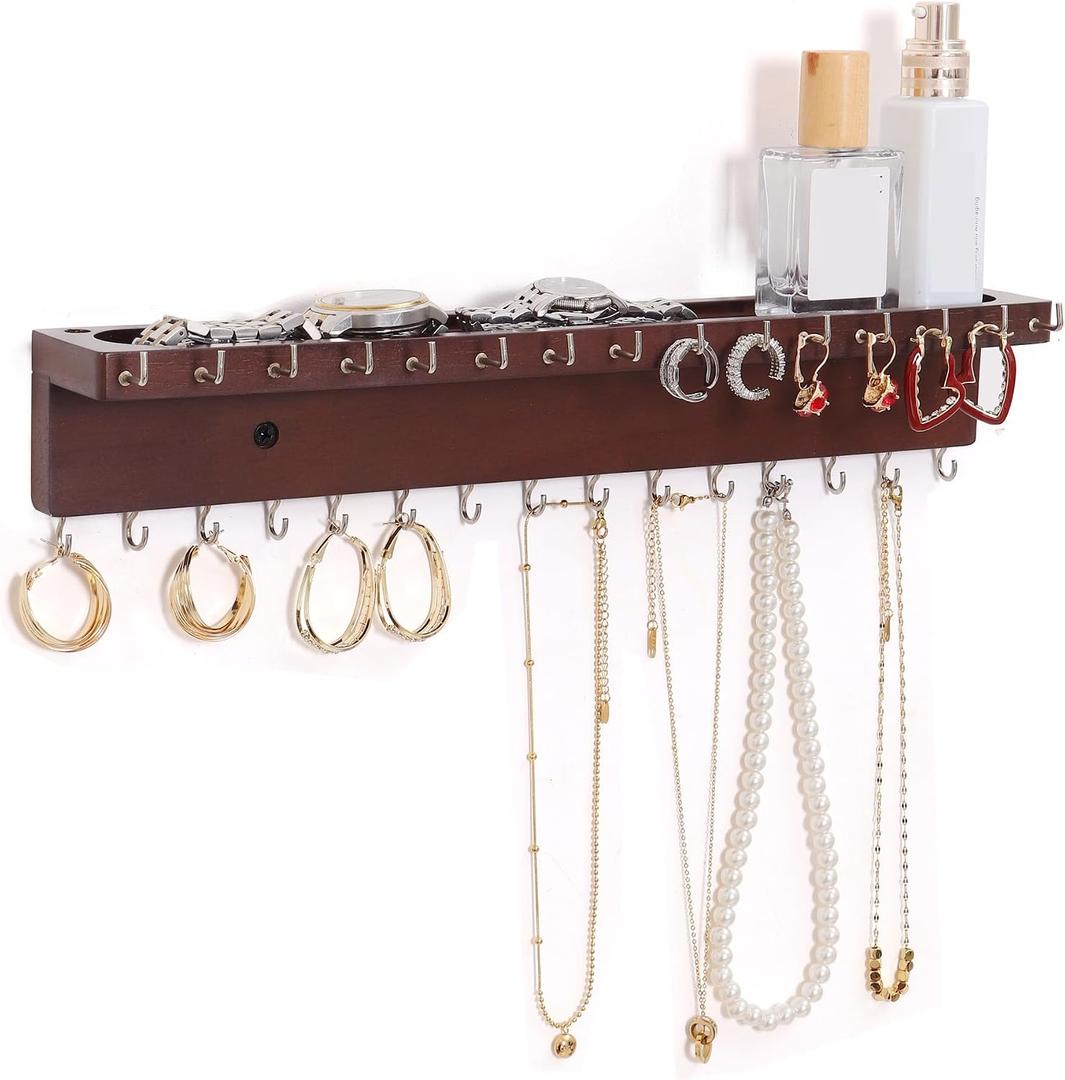 Necklace Holder Organizer Wall Mount,Jewelry Holder Organizer with 30 Hooks,Oak Jewelry Organizer and Storage for Necklaces,Bracelets and Rings (Dark Walnut)