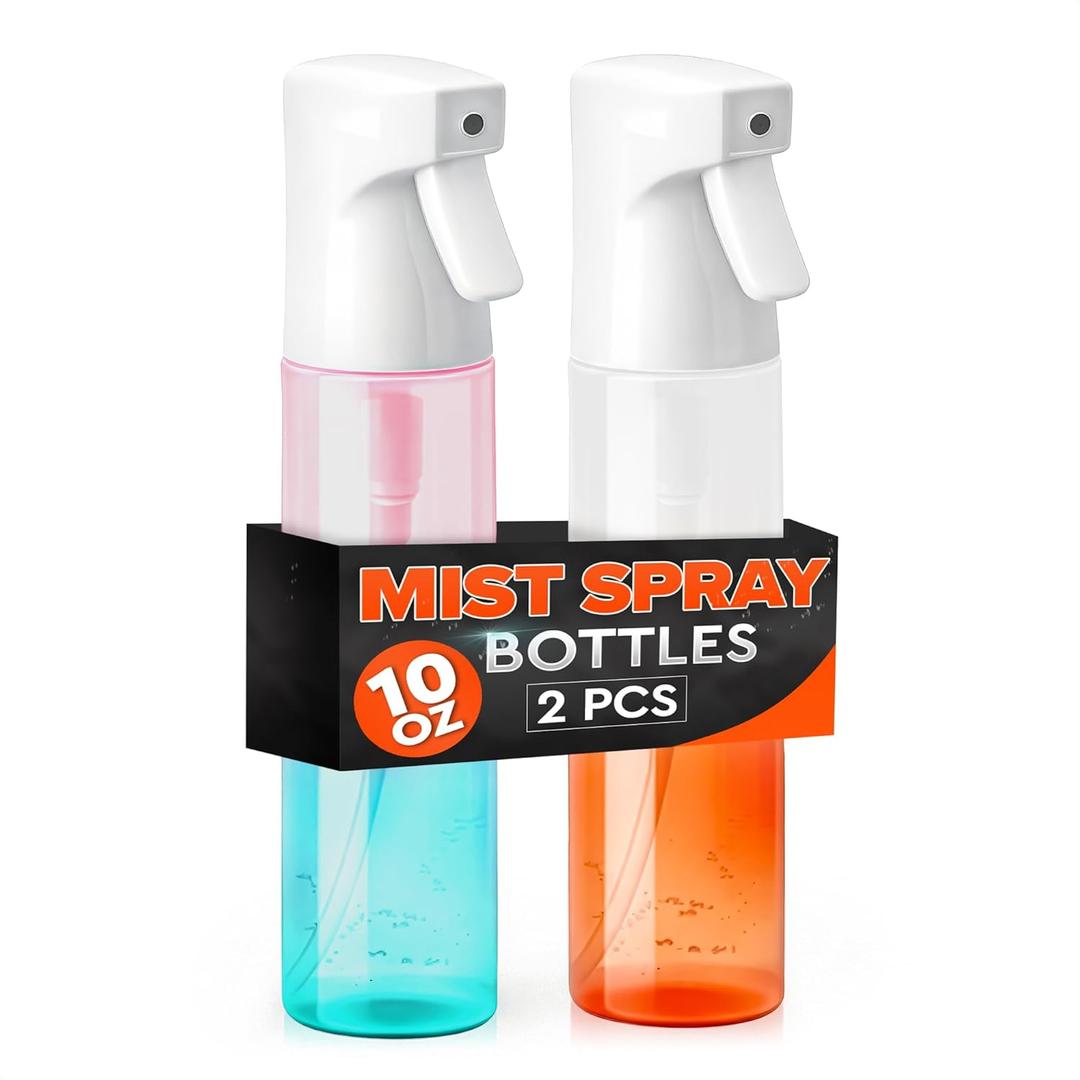 2 Pcs Continuous Spray Bottle for Hair - 10 Oz Plastic Empty Hair Spray Bottles Mist with 0.3 mm Nozzle, Continuous 360 Mist - Leak-Proof Ergonomic Design for Styling, Skin Care, Plants & Cleaning