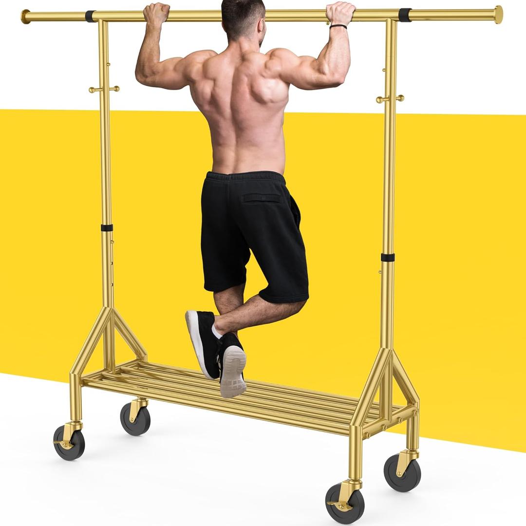 Upgraded 100% Stainless Steel Clothing Rack Load 760LBS, Heavy Duty Clothes Racks with Larger & Sturdy Wheel, Extendable & Adjustable Rolling Garment with Shelves for Hanging Portable Closet Rack