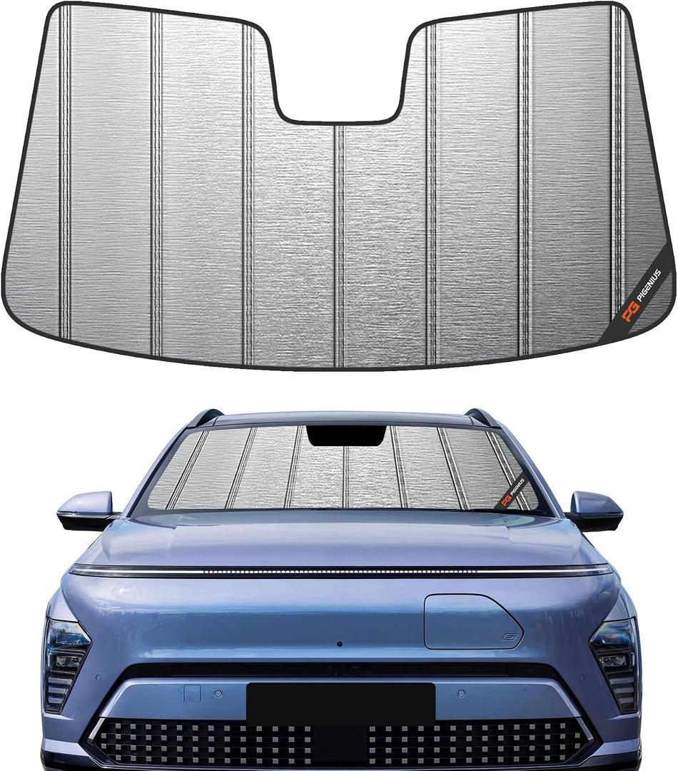 Pigenius Windshield Sun Shade for Hyundai Kona & Kona Electric (EV) 2024-2026, Fits SE SEL N Line Limited, Metallic Silver Finish