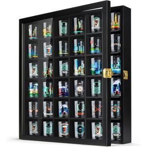 TJ.MOREE Shot Glass Display Case 36 Slots Glass Display Holder Wall Mounted with Lockable Door, Black