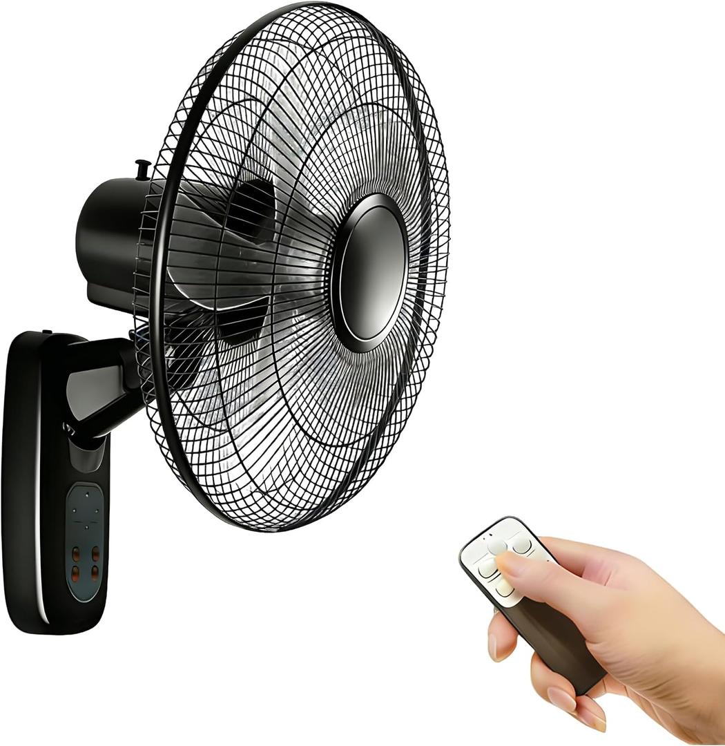 Aottop 16 inch Wall Mount Fan with Remote Control - 3-Speed and 3 Modes, Timer Function, Adjustable Head, Oscillating Fan for Home and Office - Black