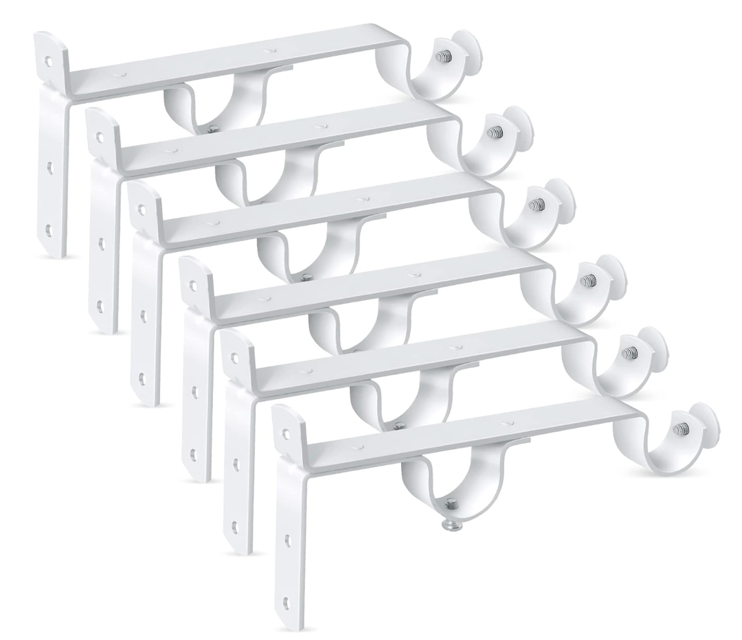 Double Curtain Rod Bracket, Heavy Duty Curtain Rod Holders Hooks, White 6 Pack Drapery Rods Hangers for Wall, Vintage Drapery Rods Support Brackets for 1-1.1 Inch Drape Poles
