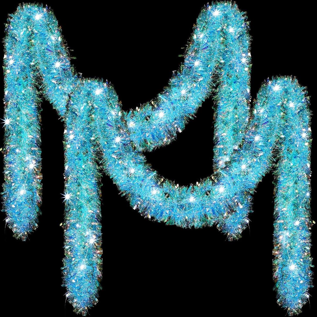 Ceenna 2 Pcs 32.8 Feet Christmas Tinsel Garland with LED Lights Garland for Christmas Tree Hanging Decorations for Xmas Party Weddings Birthday Different Season Indoor Outdoor Events (Blue)