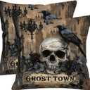 2Pcs,Vintage Halloween Floral Throw Pillow Covers Retro Skull and Crow Ghost Town Gothic Vintage Black Double-Sided Print Cushion Covers for Couch Sofa Haunted House Party Decor Pillowcase (18X18Inch, Wl-dp-vh-crow)