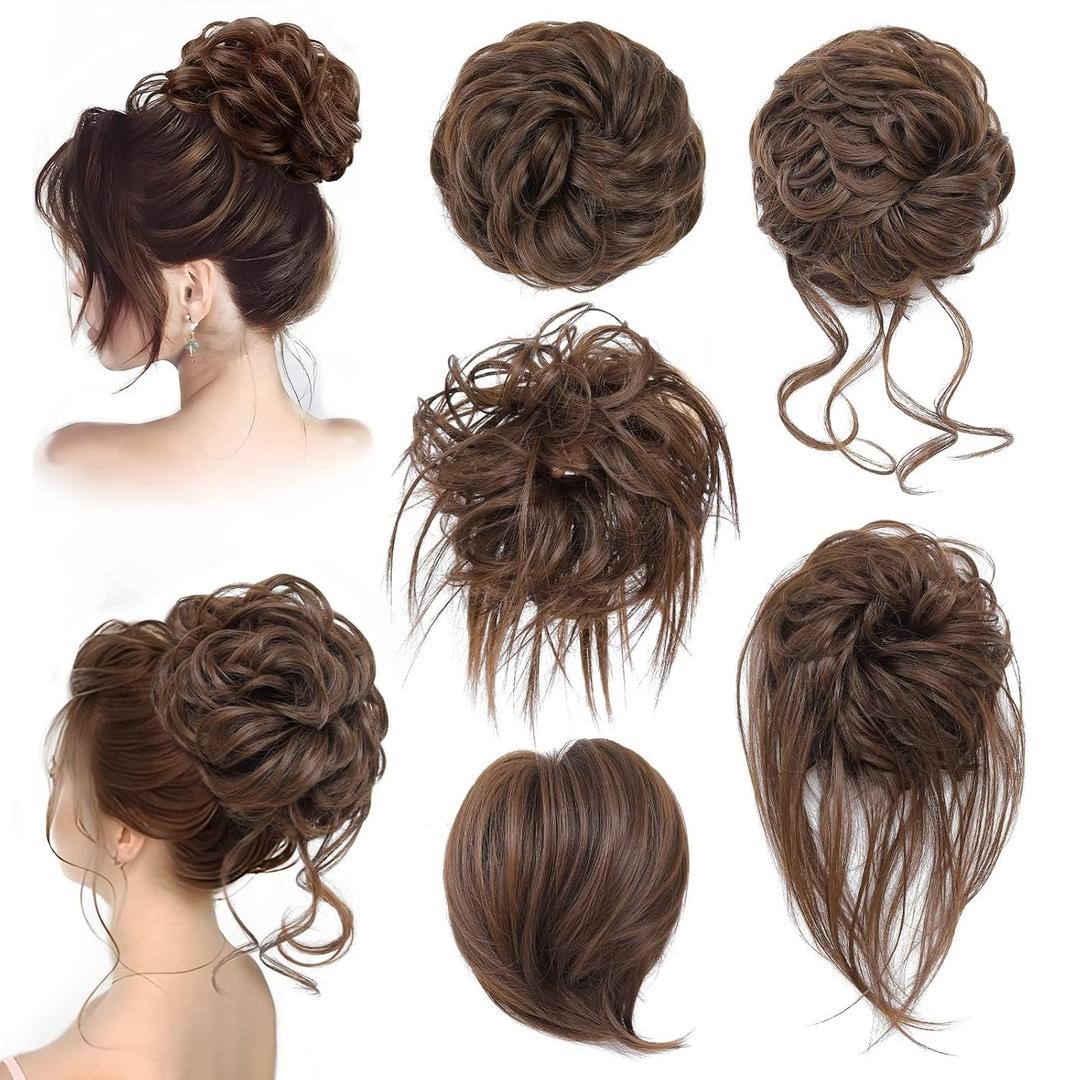 Messy Hair Bun Hair Piece for Women Short Bun Tousled Synthetic Elastic Scrunchies Hairpiece for Women Girls (1-5pcs, 8#-Medium Chestnut Brown)