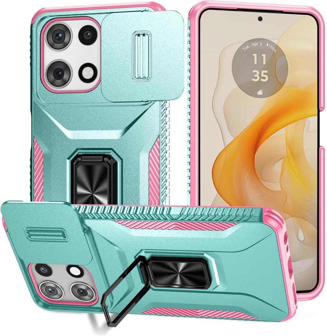 for Moto G 5G 2025 Case,with Sliding Camera Lens Cover,HD Screen Protector,360 Rotating Ring Kickstand,AYMECL Military-Grade Shockproof Protective Cover for Motorola Moto G 5G 2025,Mint+Pink