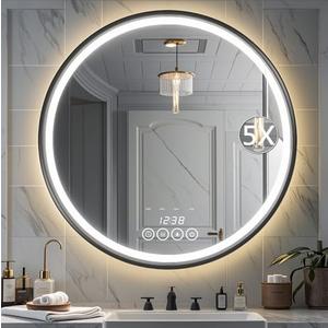 Msrorriw 24 Inch Wall-Mounted Round Bathroom Mirror with LED-Lights - Frame Vanity Mirrors (24" x 24", Black)