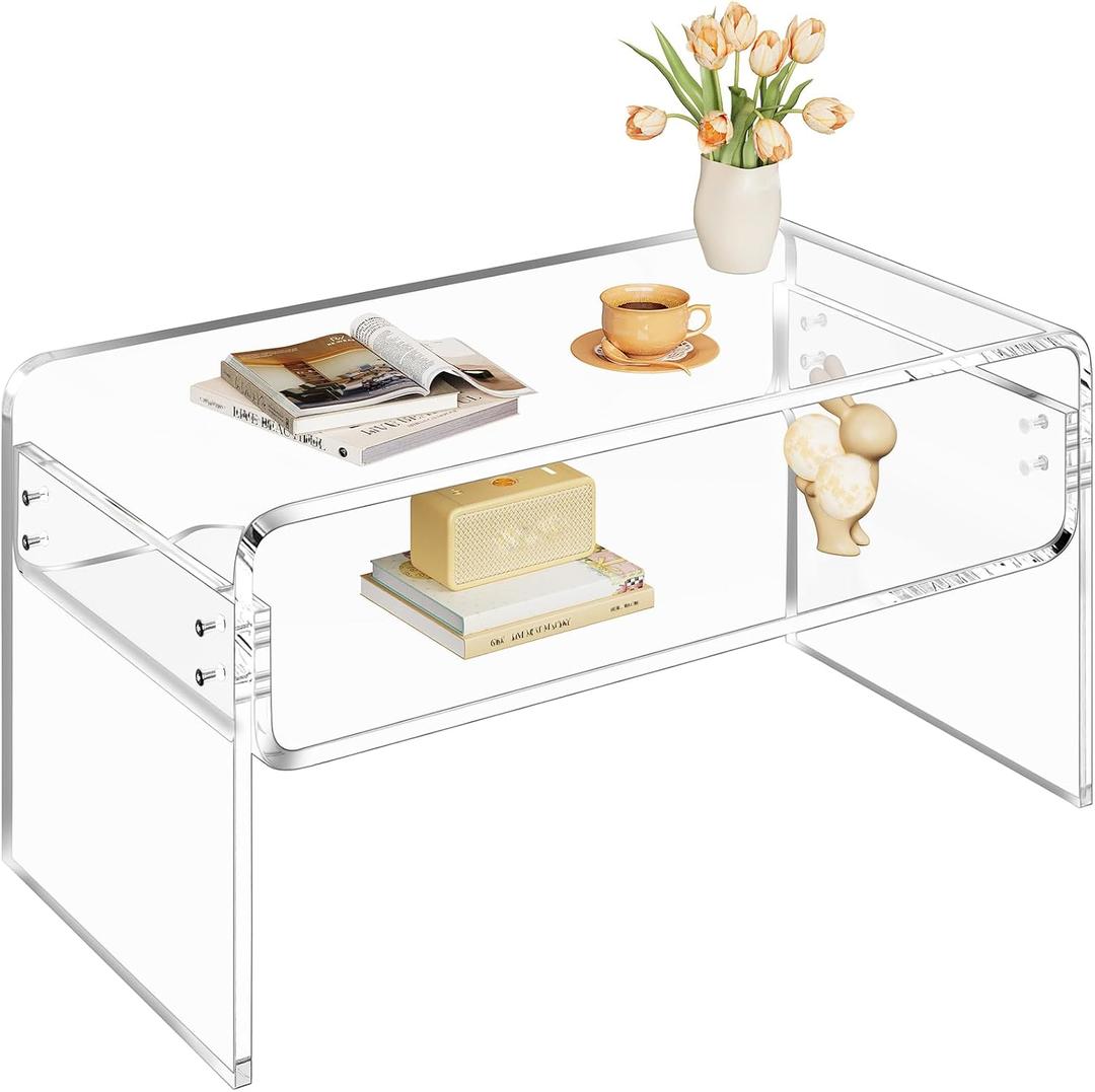 2-Tier Acrylic Coffee Table, Side End Table with Storage Shelf, Modern Center Table for Living Room, Office, Bedroom, Home Small Space, Easy Assembly (Clear), 31.5" x 15.8" x 15.8"