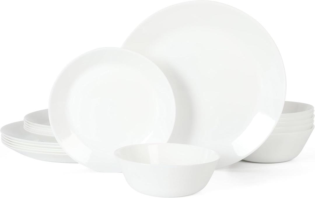 Martha Stewart Opalton 18-Piece Dinnerware Set Chip and Break Resistant Opal Glass Plates and Bowls, Lightweight White Dinner Set for 6, Microwave and Dishwasher Safe