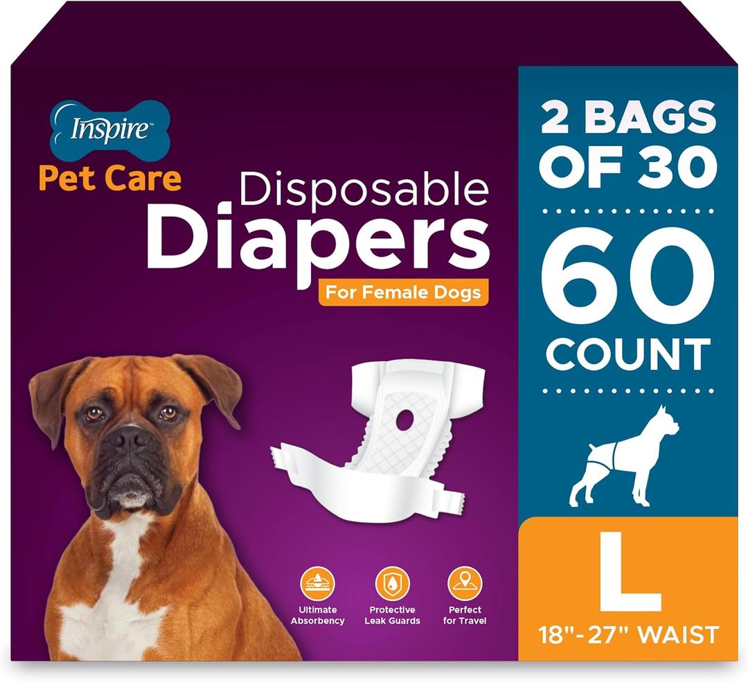Inspire Pet Care Dog Diapers Female Dogs | Bulk Value Doggie Incontinence, Accidents, for Heat, Pee or Period and Housebreaking (Large (60 Count))