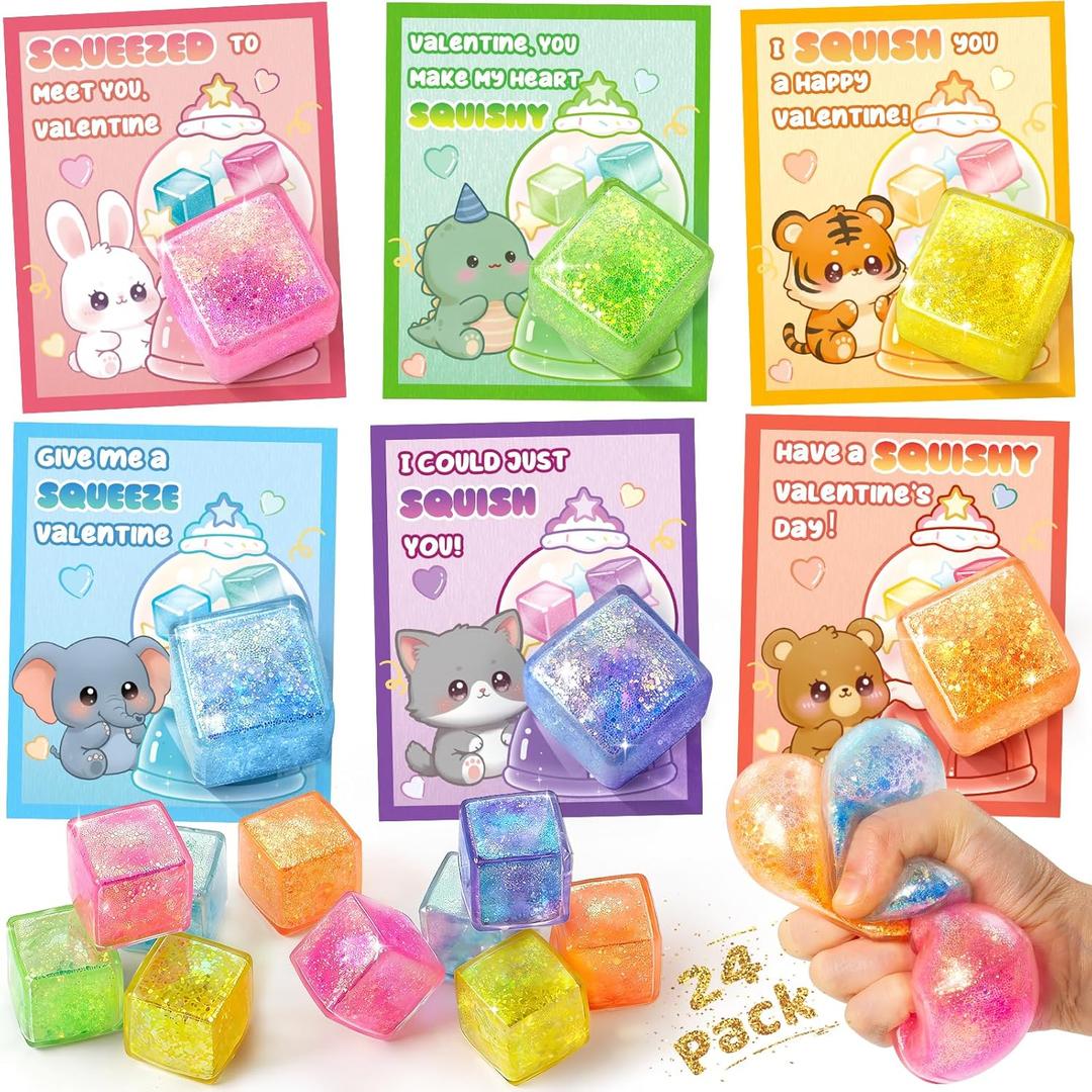 Valentines Day Cards for Kids School, 24 Pcs Ice Cube Shaped Squeeze Balls with Cards, Stress Relief Fidget Toys in 6 Glitter Colors, Ideal for Classroom Exchange Prizes, Valentines Party Favors