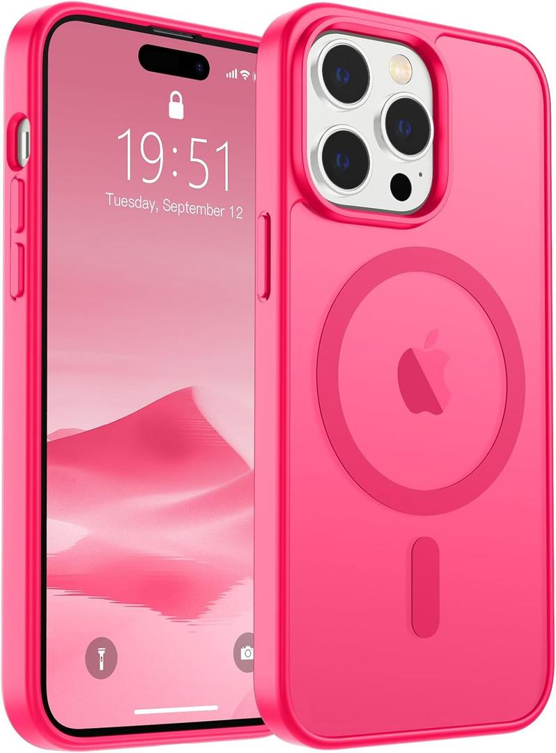 SUPFINE Magnetic for iPhone 14 Pro Max Case (Compatible with MagSafe) (Military Grade Drop Protection) Slim Translucent Matte Shockproof with Anti-Fingerprint Phone Case, Hot Pink