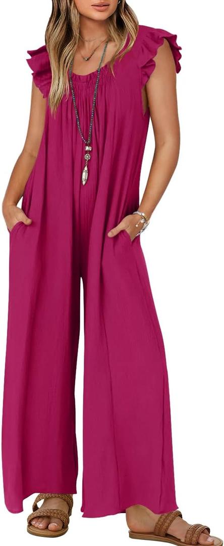 ZESICA Women's Summer Loose Jumpsuit Casual V Neck Sleeveless Oversized Wide Leg Pant Overalls Romper with Pockets | Casual Wide Leg Pant Loose Overalls, Ruffle Sleeves V Neck Long Romper, Solid Color, Beach Vacation One Piece Outfits (Pink, M)