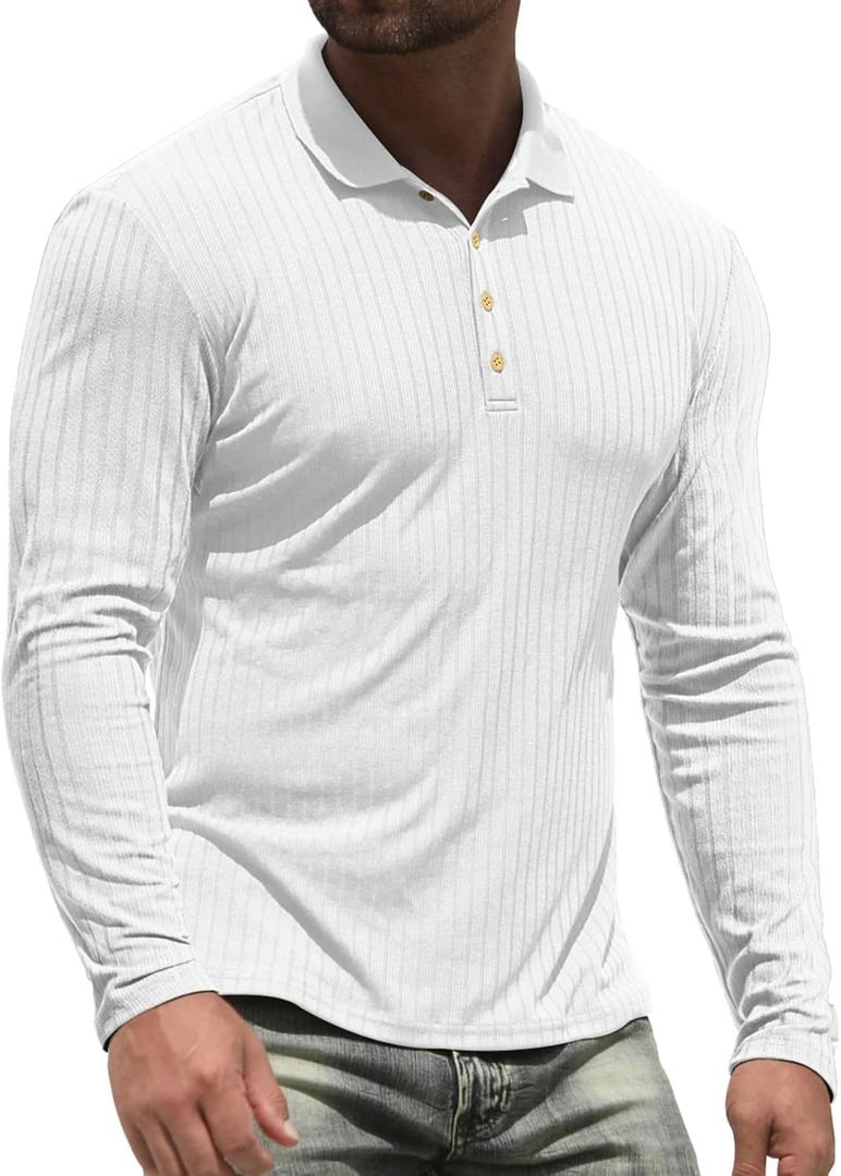 NITAGUT Men's Polo Shirts Shorts& Long Sleeve Casual Slim Fit Workout Shirts (White, XXL)