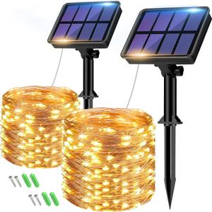 btfarm 2 Pack Solar String Lights Outdoor, 66FT 160LED Solar Fairy Lights Outside Waterproof 8 Modes, Copper Wire Solar Powered Twinkle Light for Garden Tree Christmas Wedding Party,Warm White