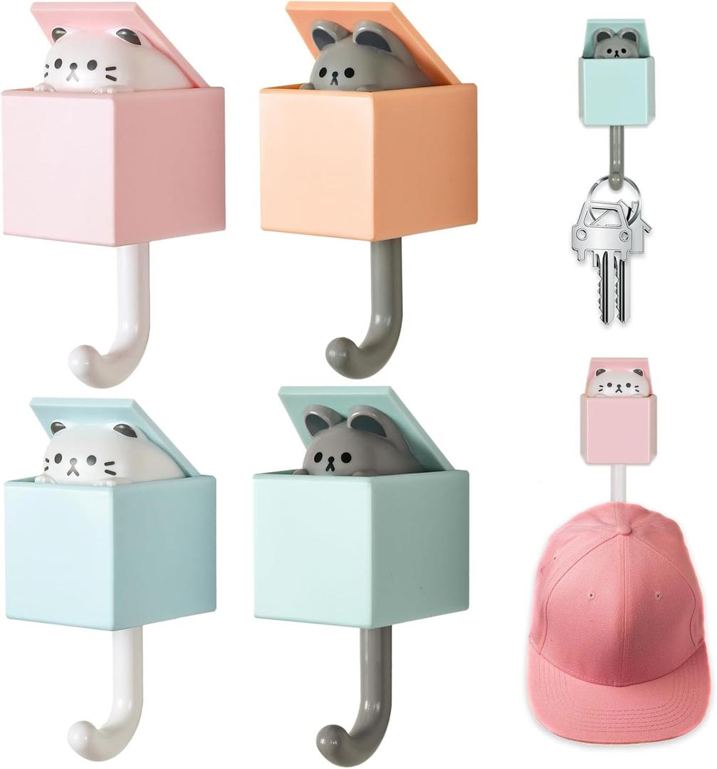 Nokiils 4 Pcs Cute Cat Key Holder, Creative Adhesive Mouse Cat Wall Hooks, Cute Room Decor Hook for Coat, Scarf Hat Towel Key Bag Wall Decoratives (Square Box)