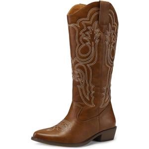mysoft Women's Cowboy Boots Mid Calf Cowgirl Embroidered Western Pointed Toe Chunky Heel Pull On Knee High Boots (6.5, Brown)