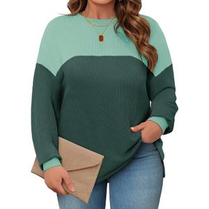 Womens Plus Size Sweatshirt Color Block Side Split Long Sleeve Crewneck Casual Loose Pullover Shirt Top (XXXL)