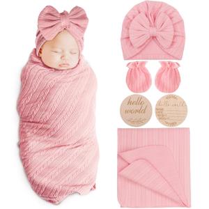 Newborn Receiving Blanket with Bow Hat Mittens Wooden Card Set Wheat-Pattern Newborns Toddler Baby Boy Girl Nursery Swaddle Wrap