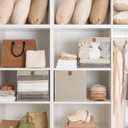 StorageWorks 13x13 Storage Cubes, Closet Storage Bins with Clear Window, Large Fabric Organizer for Clothes, Collapsible Storage Baskets with PU Handles, Brown and Beige, 3-Pack