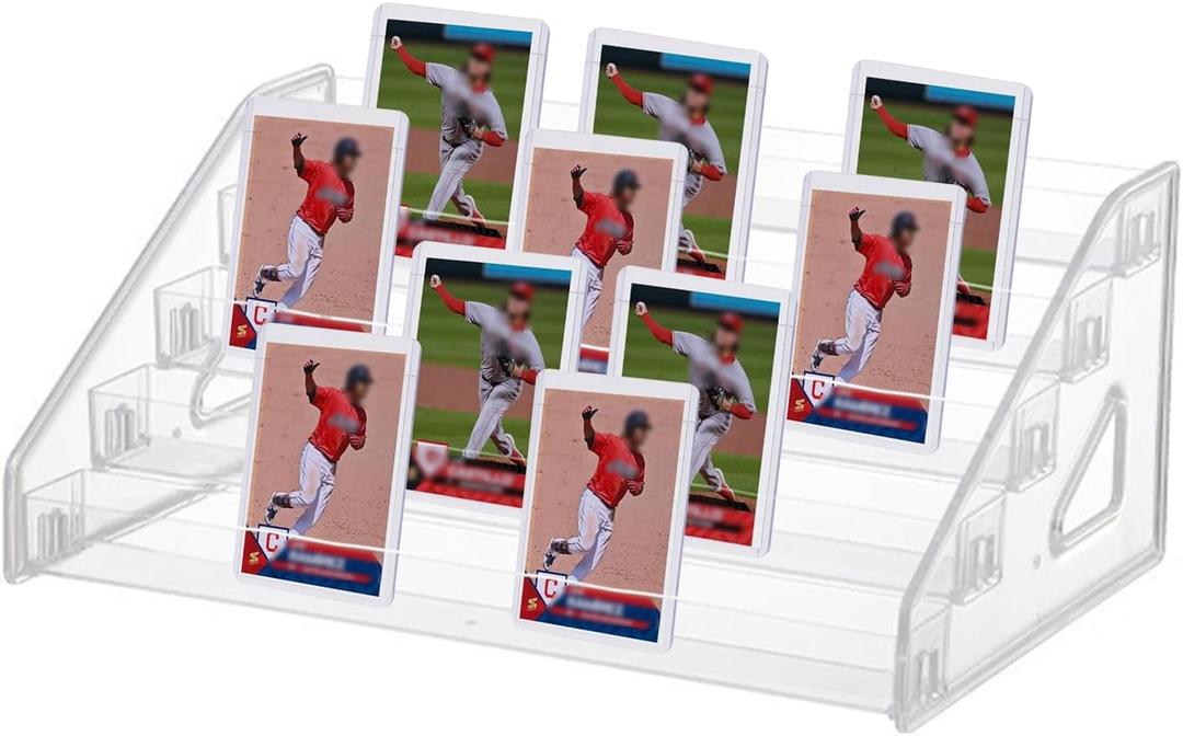 5-Tiered Trading Card Display Holder, Clear Plastic Tabletop Display Rack for Baseball, Basketball, Football Sports Cards, Cosmetics, Nail Polish, Stickers and Postcards, 12.3 x 8.4 x 5.3 Inch