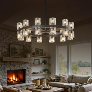 25 inch Black Wagon Wheel Chandelier with K9 Crystal Shade 24 Lights Crystal Chandeliers for Dining Room Round Large Chandeliers for High Ceilings Living Room Foyer EntrywayIncludes Bulbs