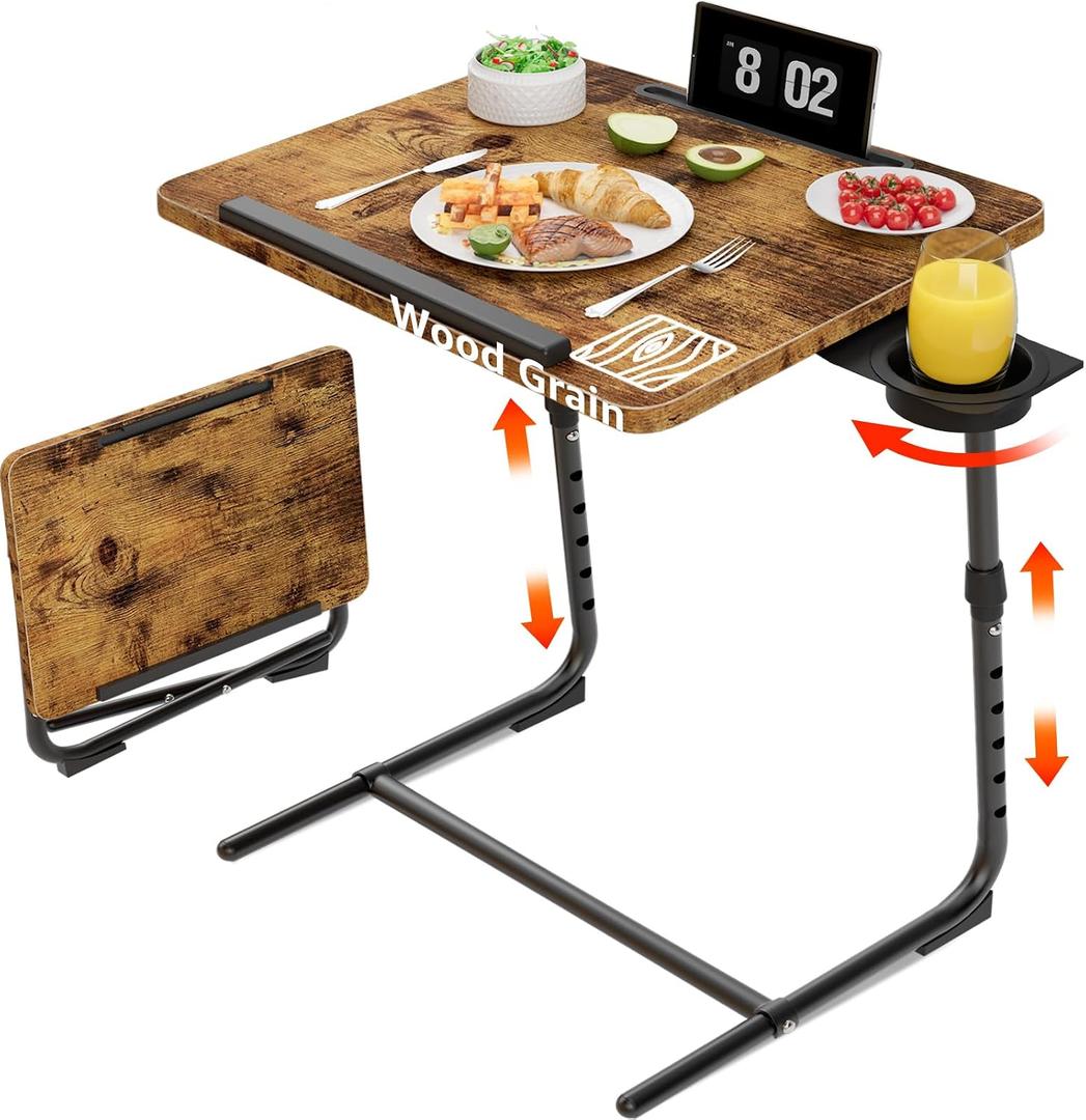 Folding TV Tray Adjustable Dinner - Trays for Eating On Couch Wooden Tables Mate Stand Foldable Desk with Cup Holder Portable, 20.5" X 15.5" X 25.65"