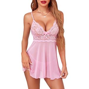 Avidlove Womens Lingerie Lace Babydoll Mesh Chemise Sexy V Neck Sleepwear Teddy Dress Pink XL