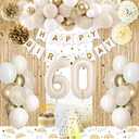 60th Birthday Decorations, Happy 60th Birthday Decorations White and Gold Balloons Happy Birthday Banner Tablecloth Fringe Curtain Cake Topper Paper Pom Poms Men Women 60 Year Old Birthday Party Decor