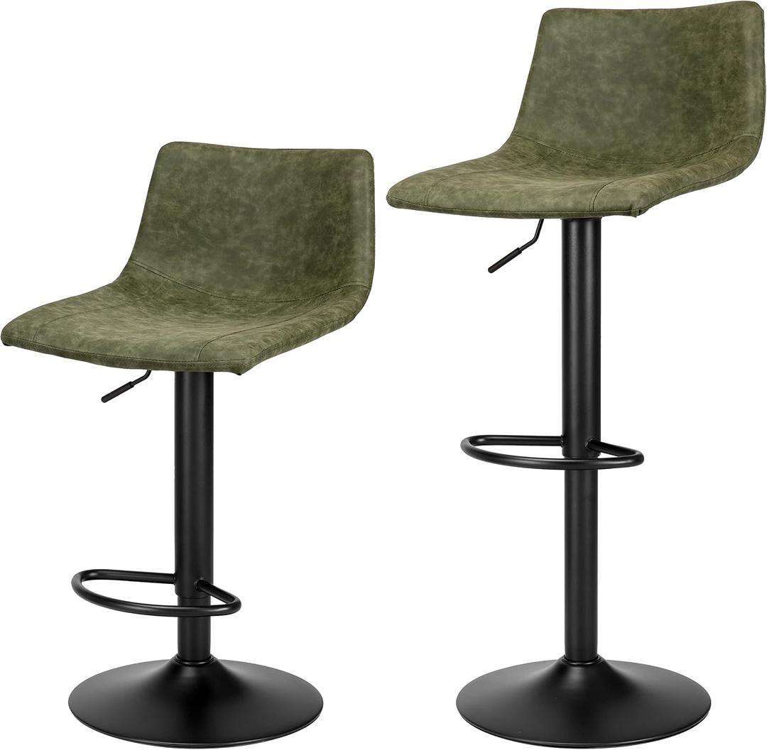 Finnhomy Bar Stools Set of 2 Counter Height, Swivel Barstools with Footrest and L Shape Back, Height Adjustable Modern Bar stools for Kitchen, Vintage Leather, Retro Green, One Size